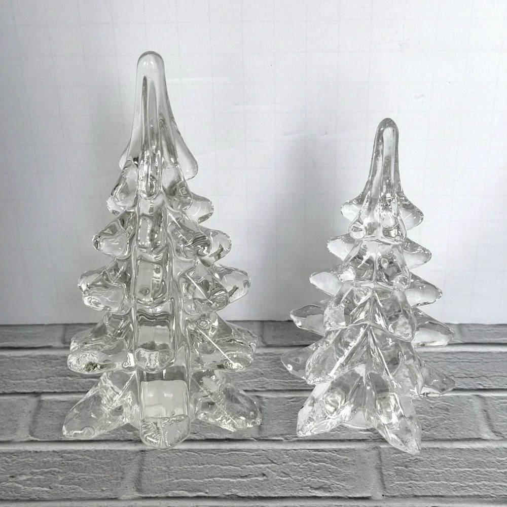 Vtg Clear Art Glass Christmas Tree Figurines Set of 2 Hand Blown 6
